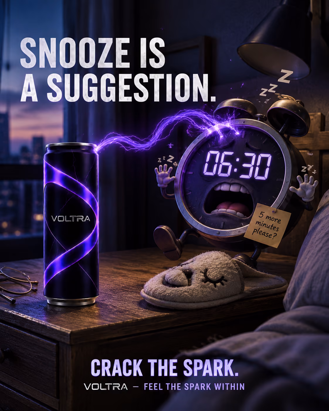 Snooze is a Suggestion — VOLTRA energy drink can shocking a sleeping alarm clock with violet lightning
