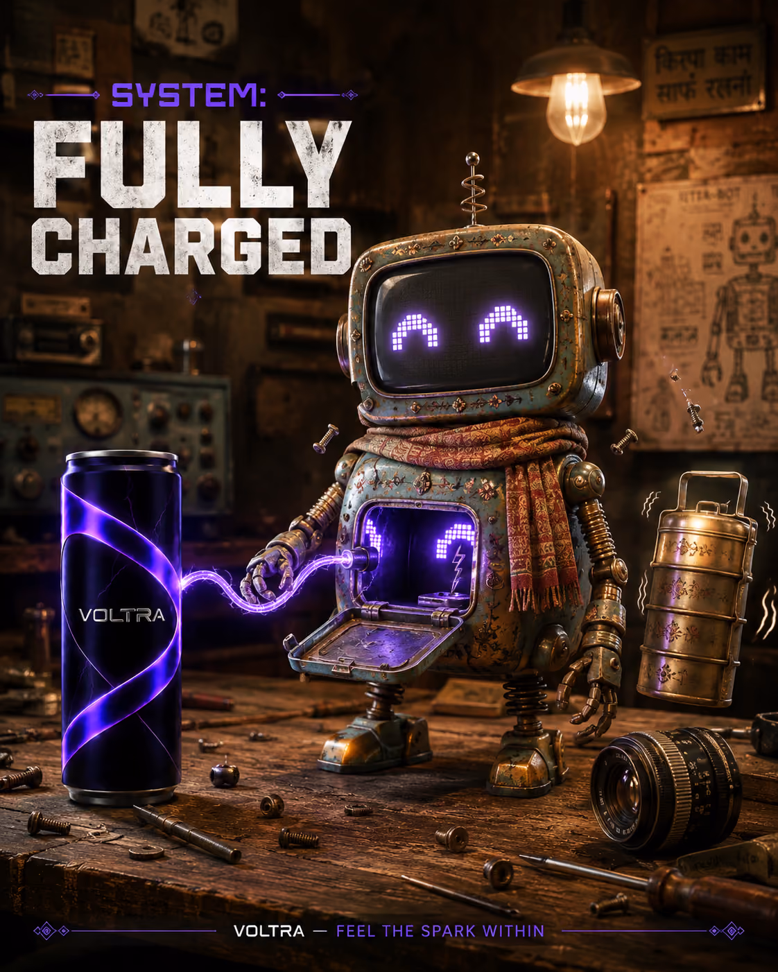 System: Fully Charged — VOLTRA powering an artisan robot with a vintage television face