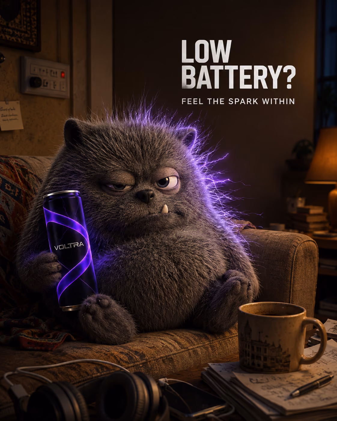 Low Battery? — A weary fur creature holding a glowing VOLTRA can by cold coffee